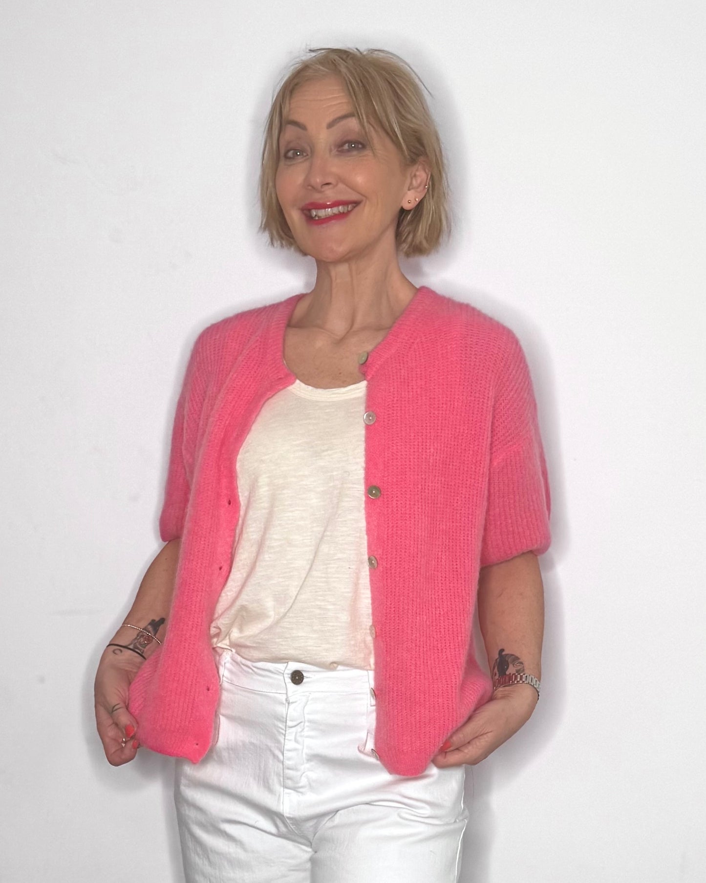 The Rosalie Crew-Neck Cardigan in Pink
