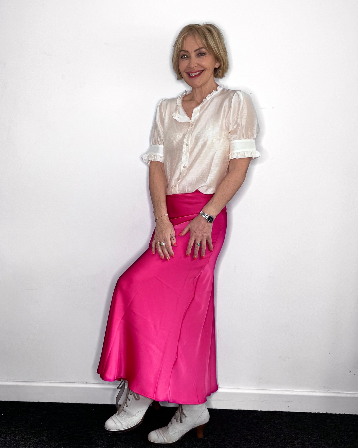 Ella Satin Skirt in Hot Pink