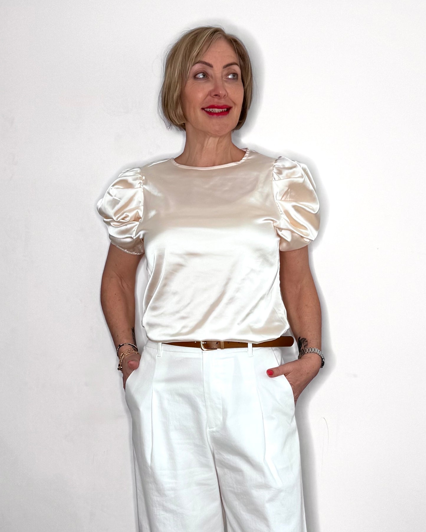 The Delphine Satin Tee in Cream