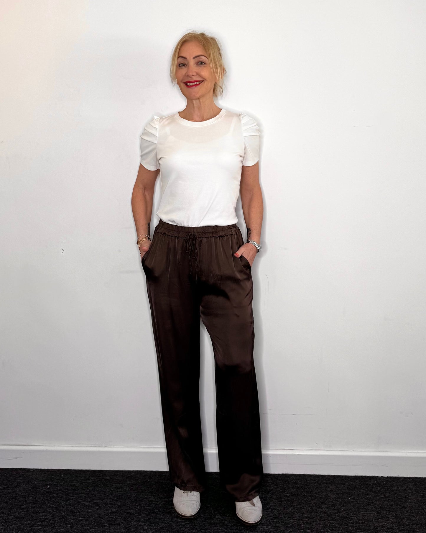 The Olivia Satin Trousers in Chocolate