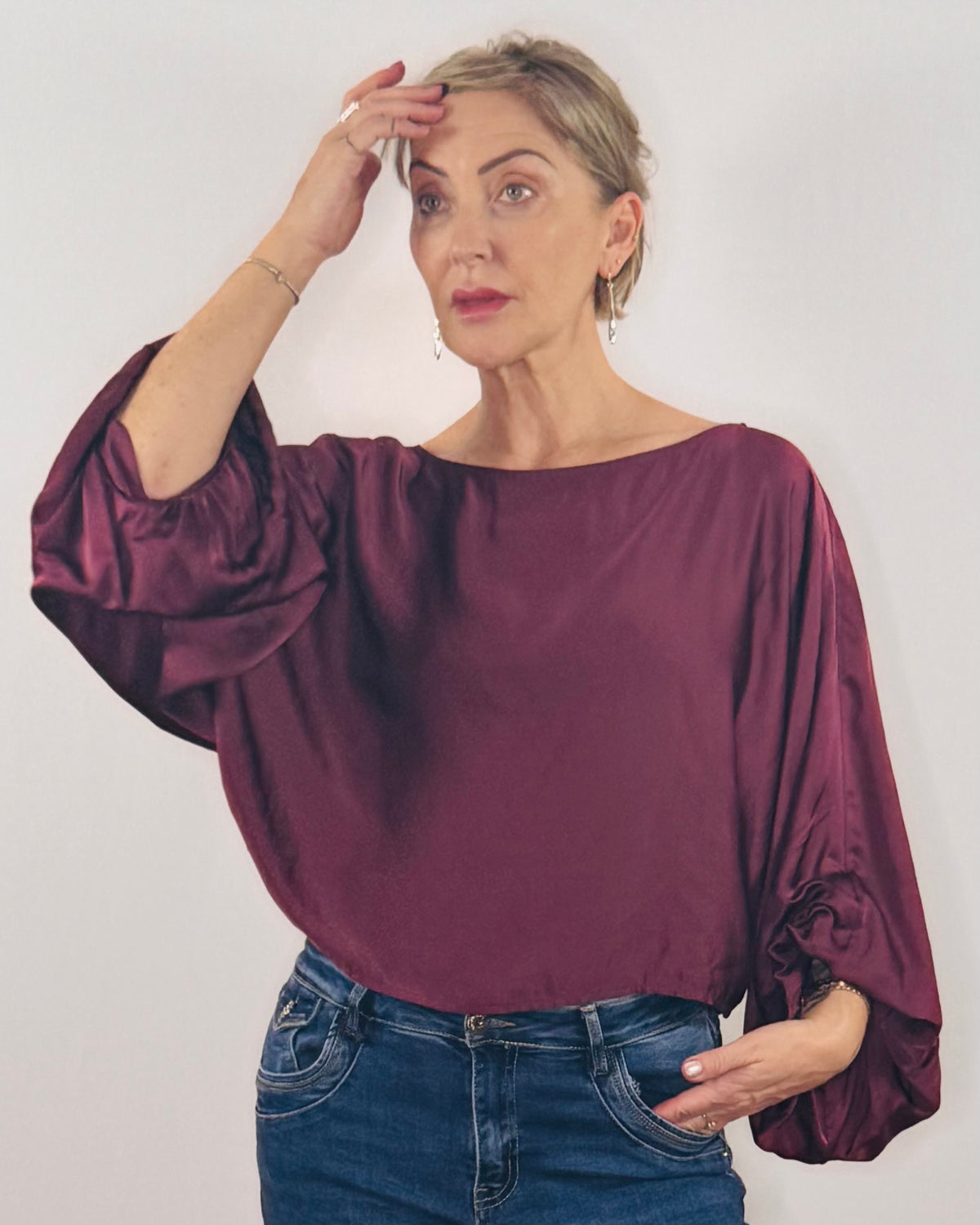 The Amy Satin Top in Burgundy