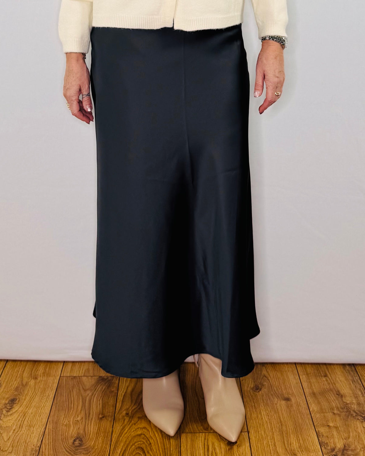 The Ella Satin Skirt in Dark Gunmetal