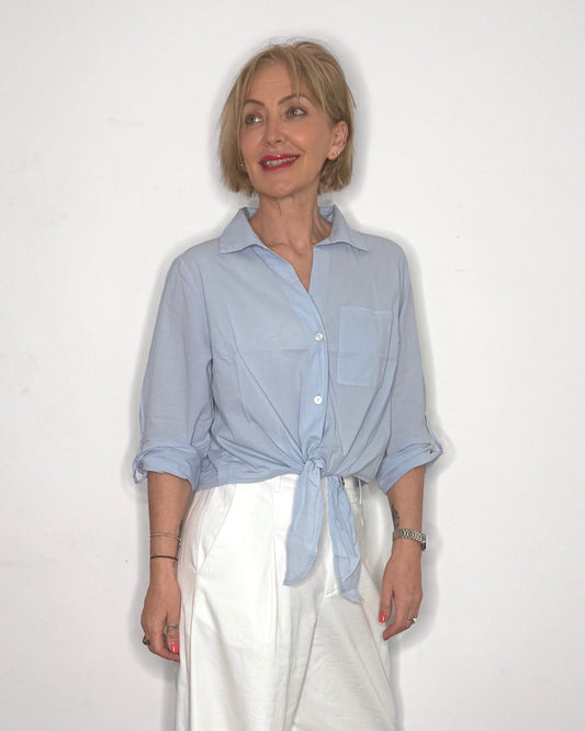The Susie Tie-Front Shirt in Sky Blue