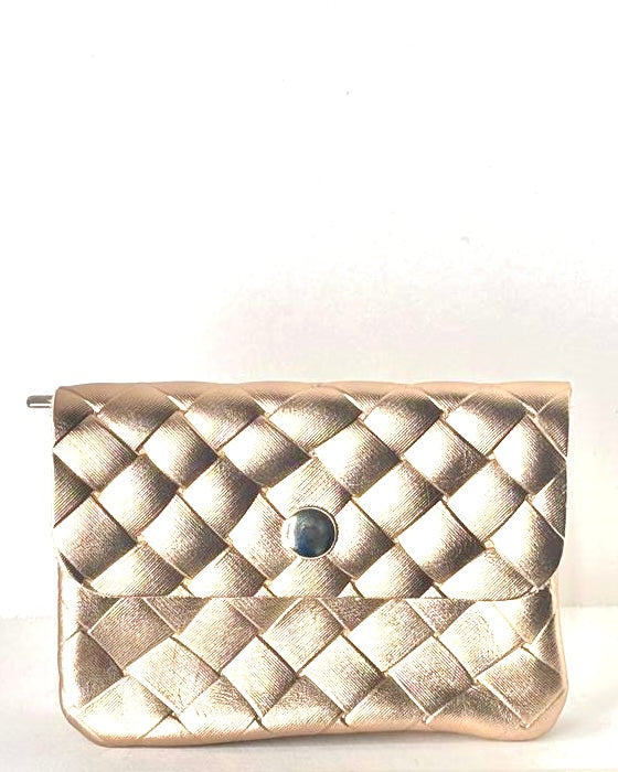 Rose Gold Metallic Woven Leather Zip Purse