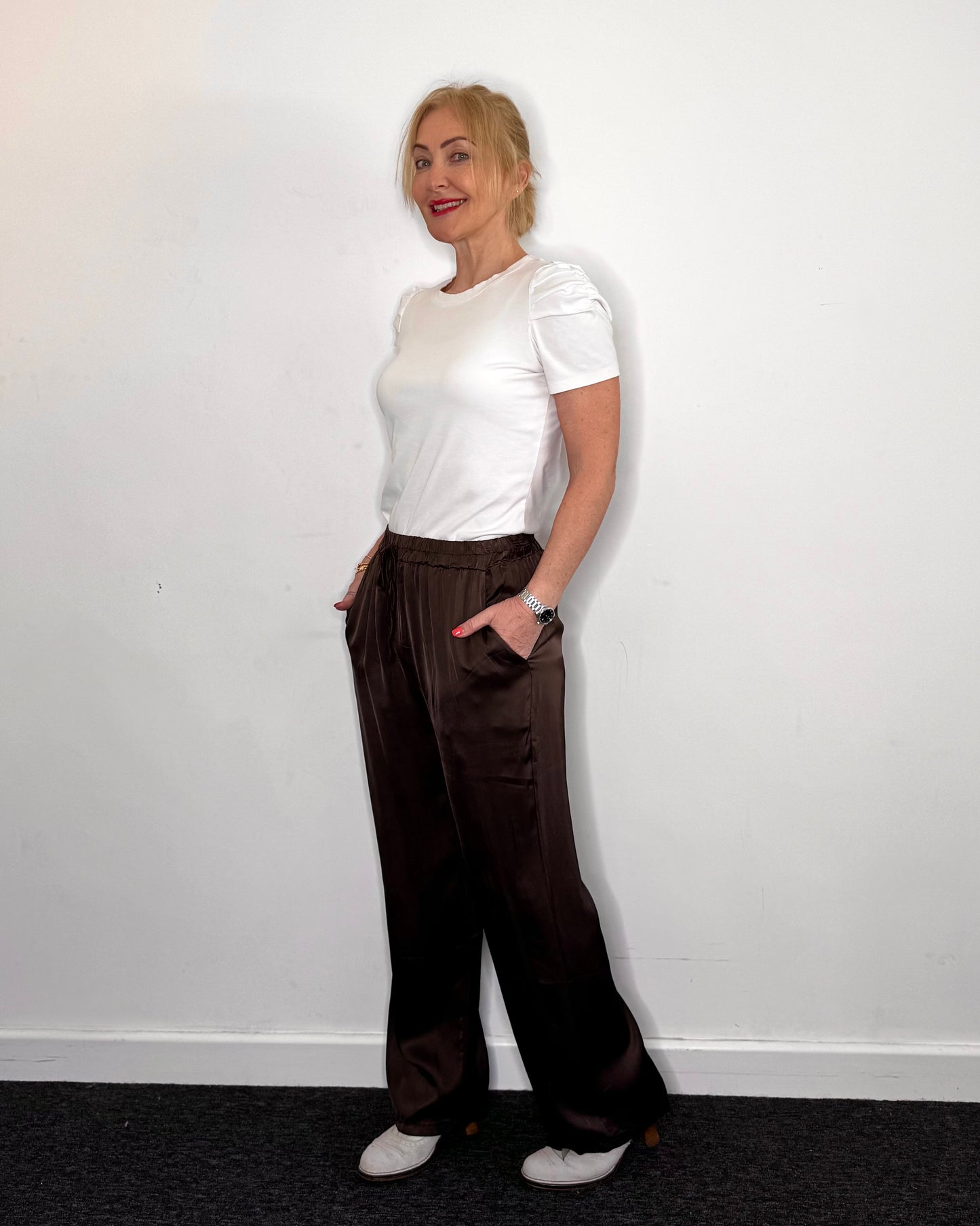 The Olivia Satin Trousers in Chocolate