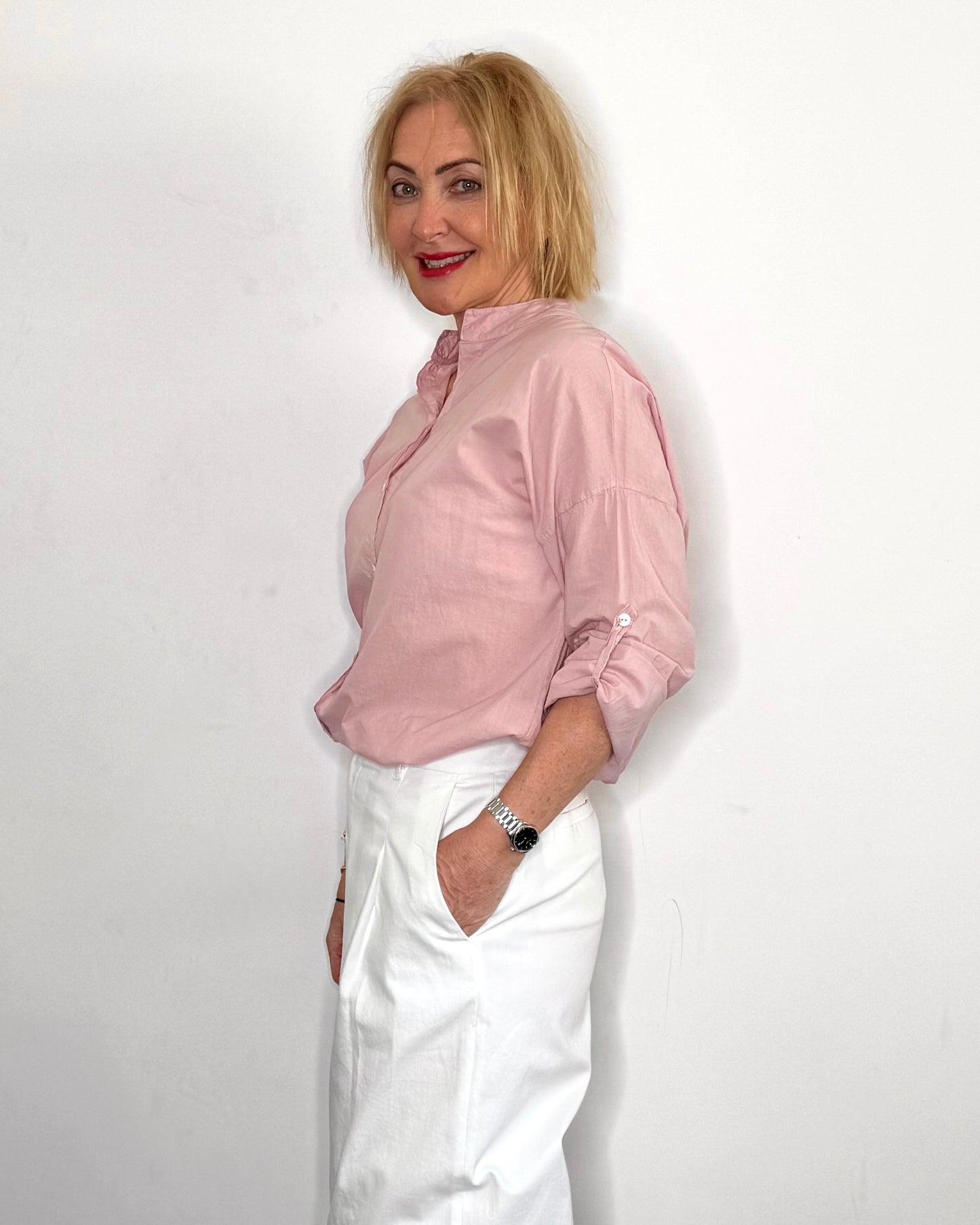 The Maddy Long Shirt in Pale Pink