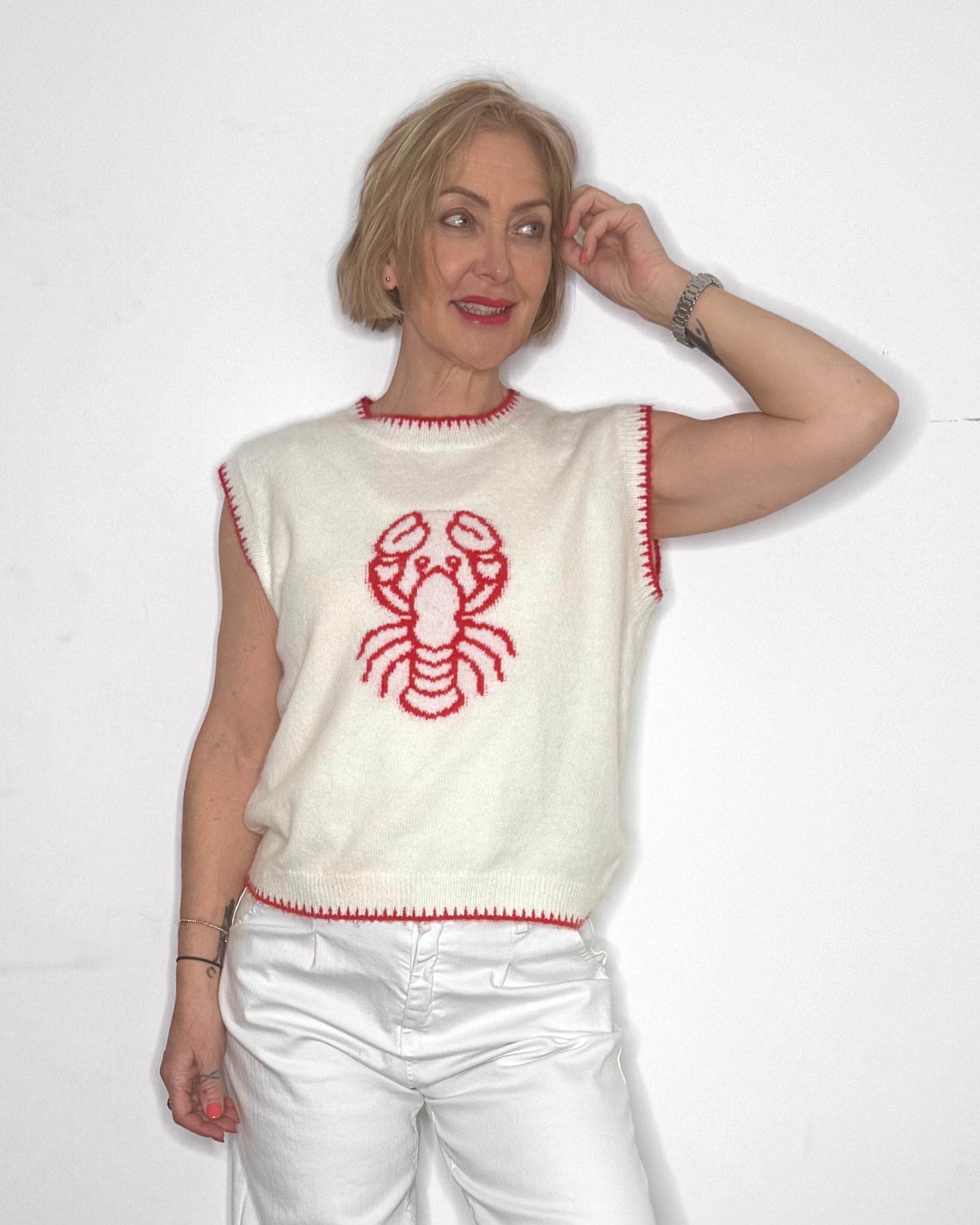 The Ariel Knit in Cream with Red Trim