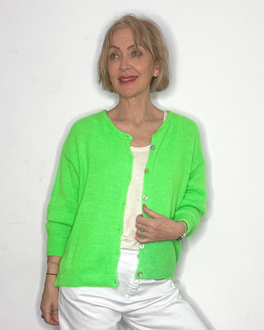 The Eliette Crew-Neck Cardigan in Neon Green