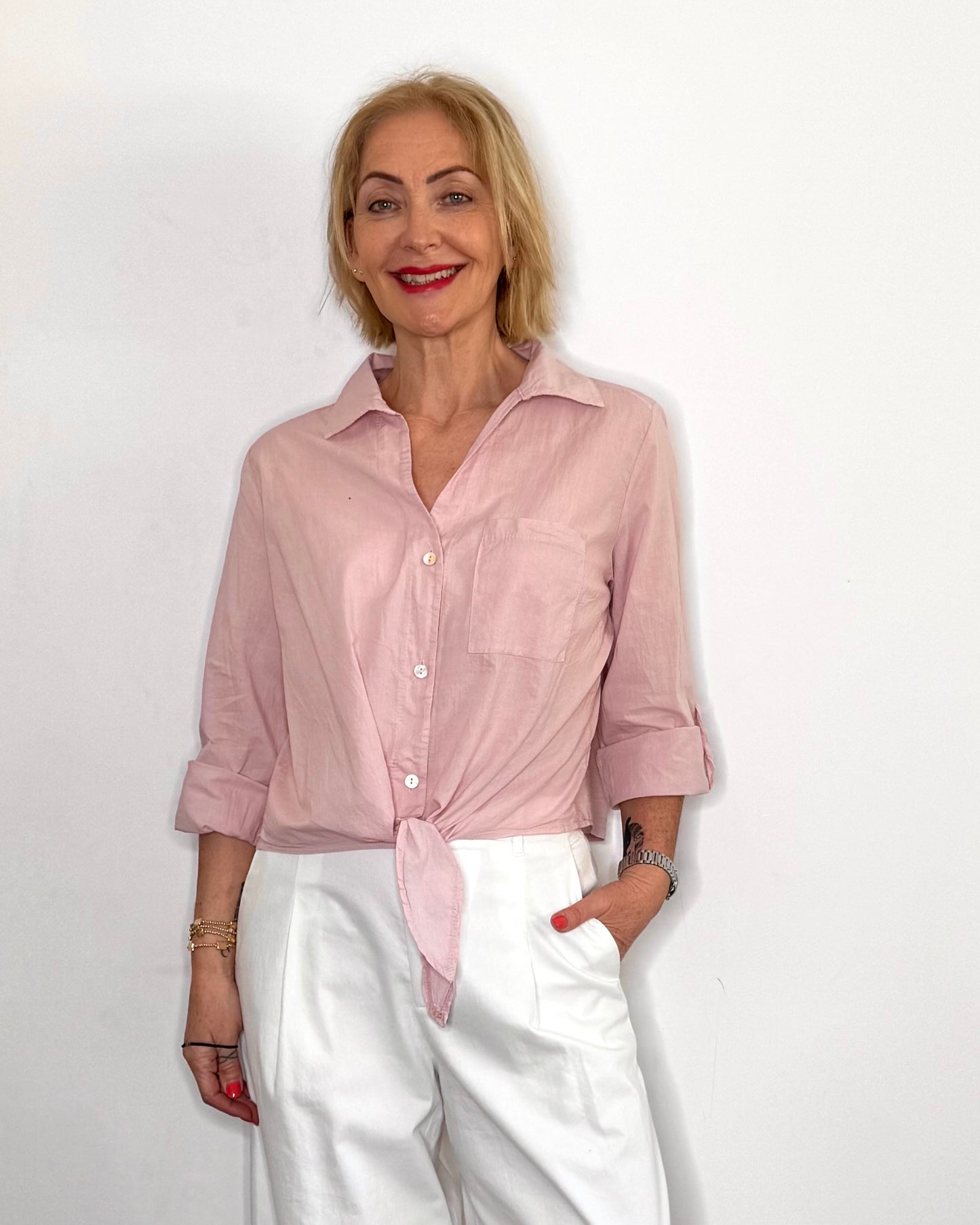 The Susie Tie-Front Shirt in Pale Pink