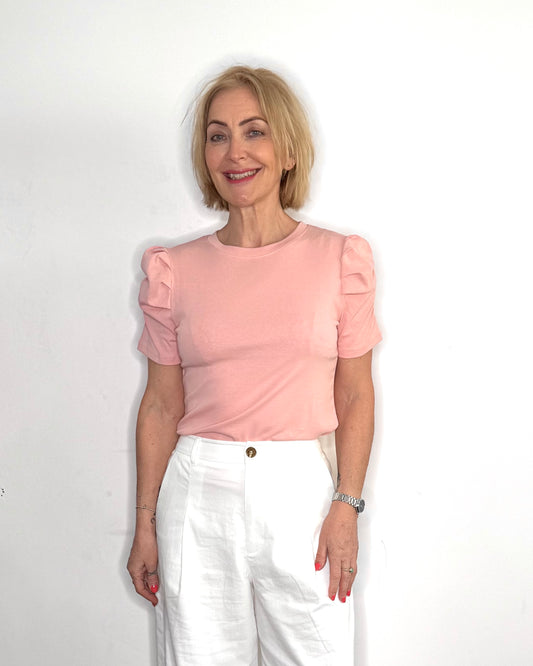 The Marnie Ruched Sleeve Cotton T-Shirt in Pink