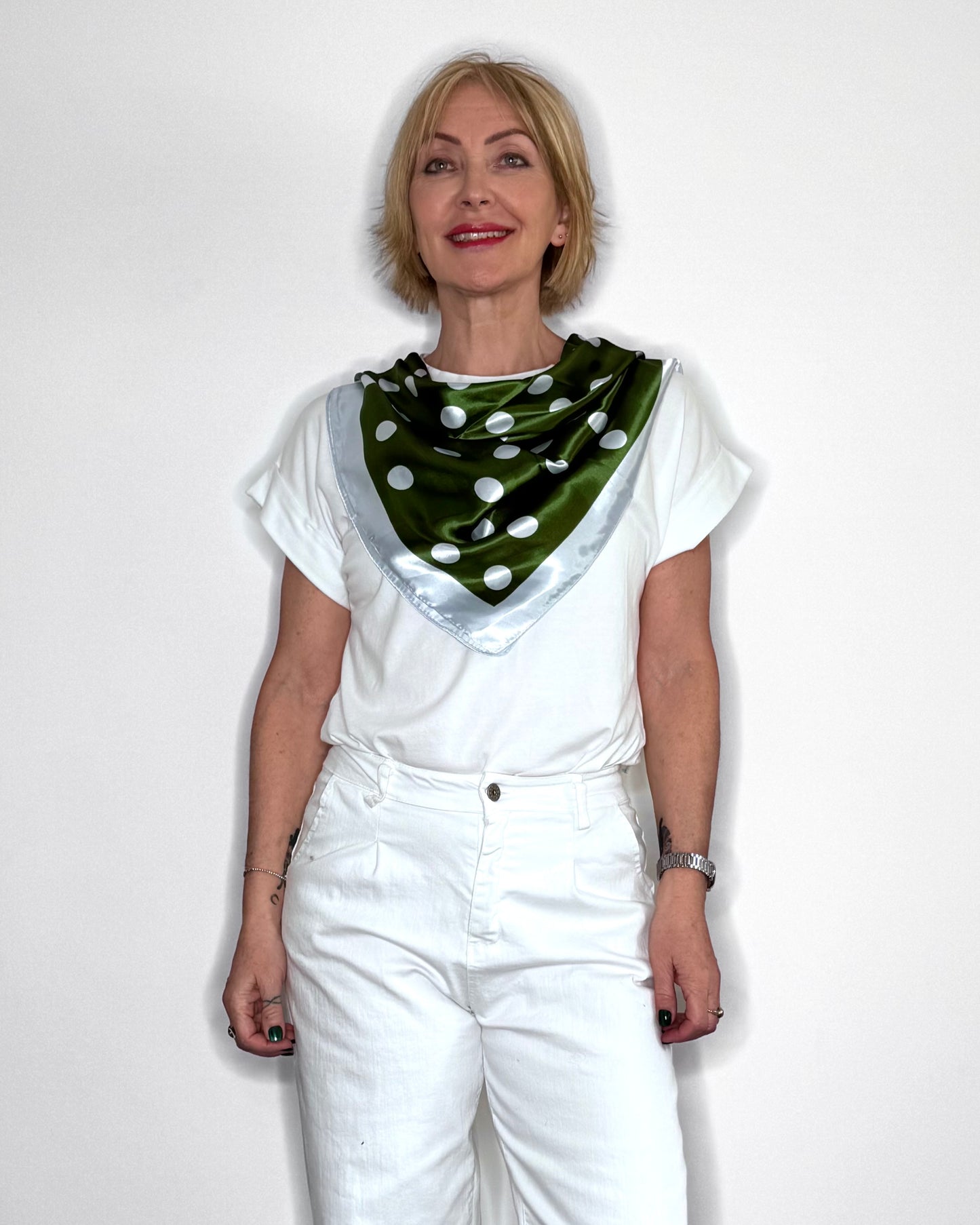 Spotted Satin Square Scarf in Olive Green