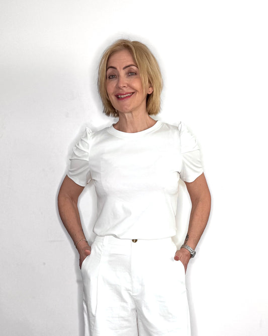 The Marnie Ruched Sleeve Cotton T-Shirt in White
