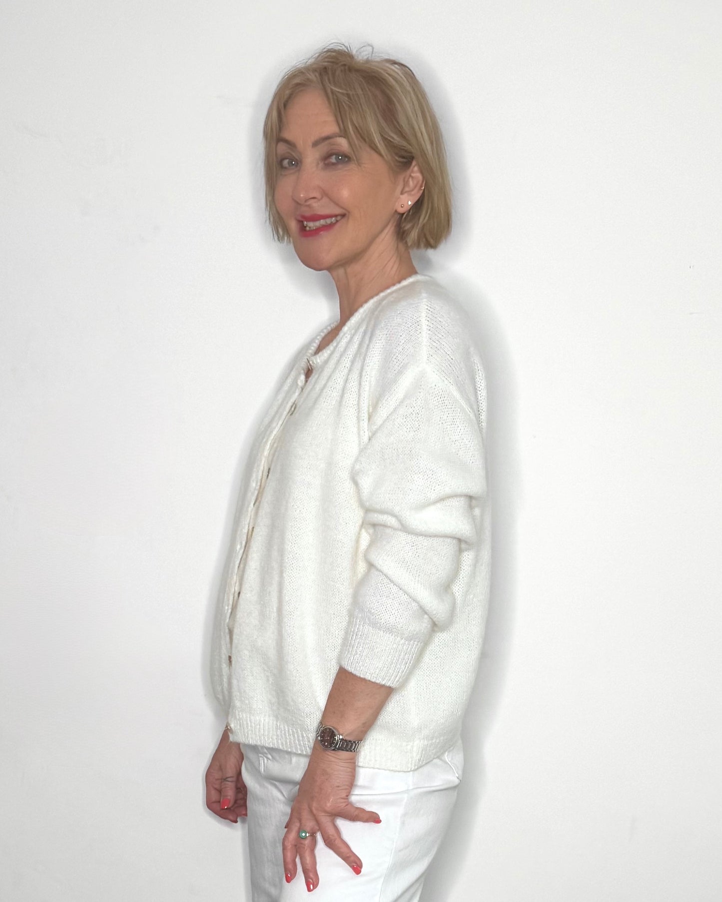 The Eliette Crew-Neck Cardigan in White