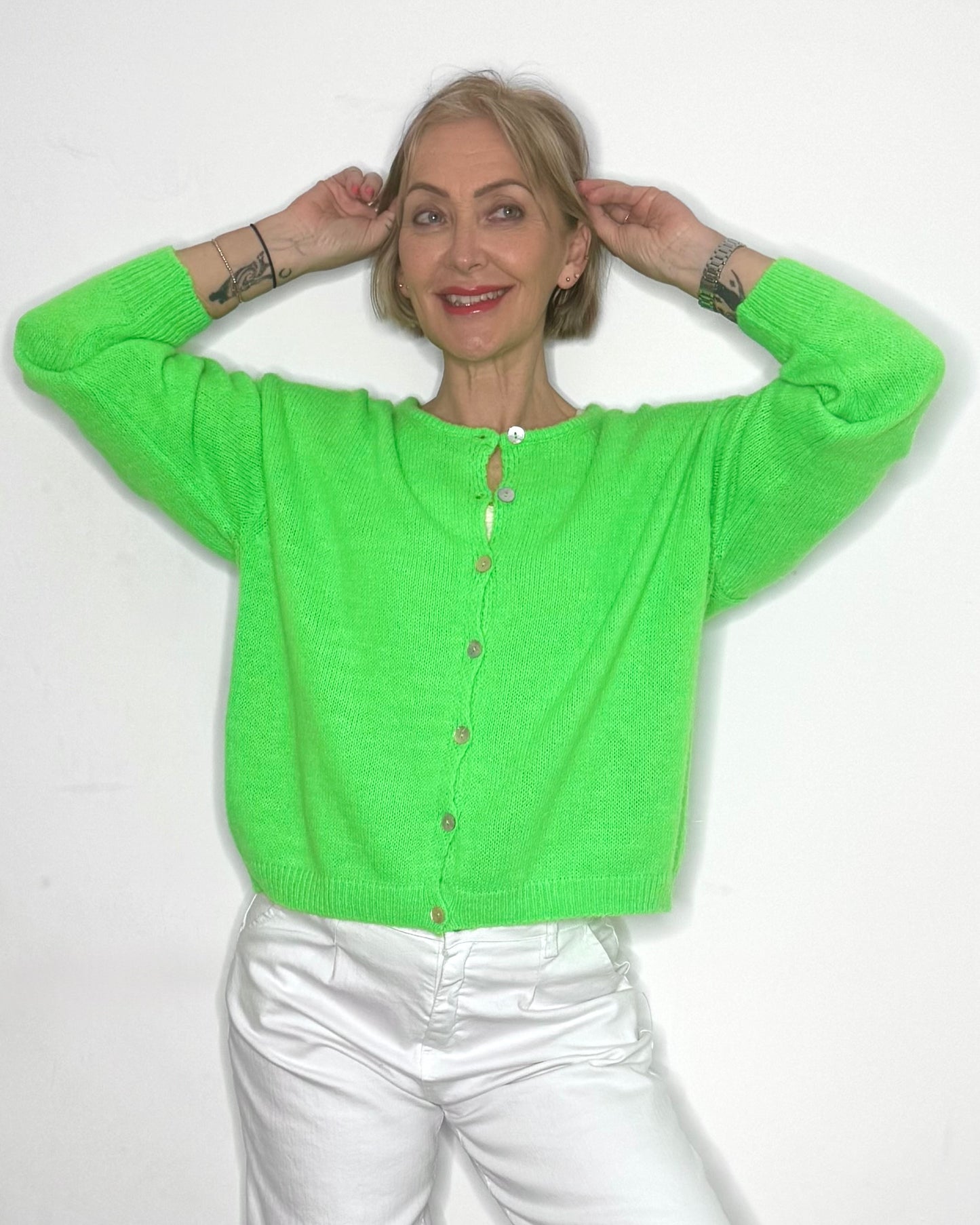 The Eliette Crew-Neck Cardigan in Neon Green