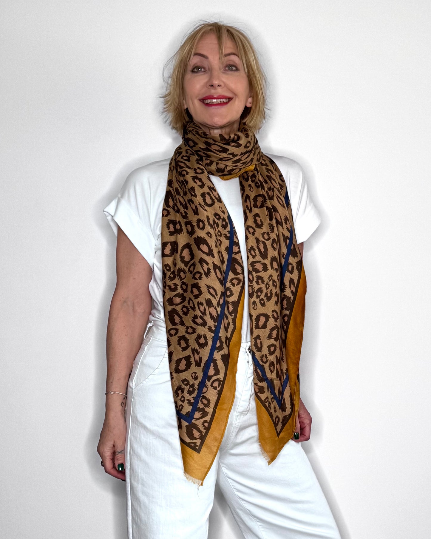 Leopard Print Border Scarf in Sand and Mustard
