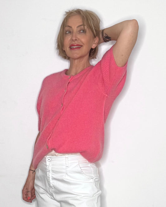 The Rosalie Crew-Neck Cardigan in Pink