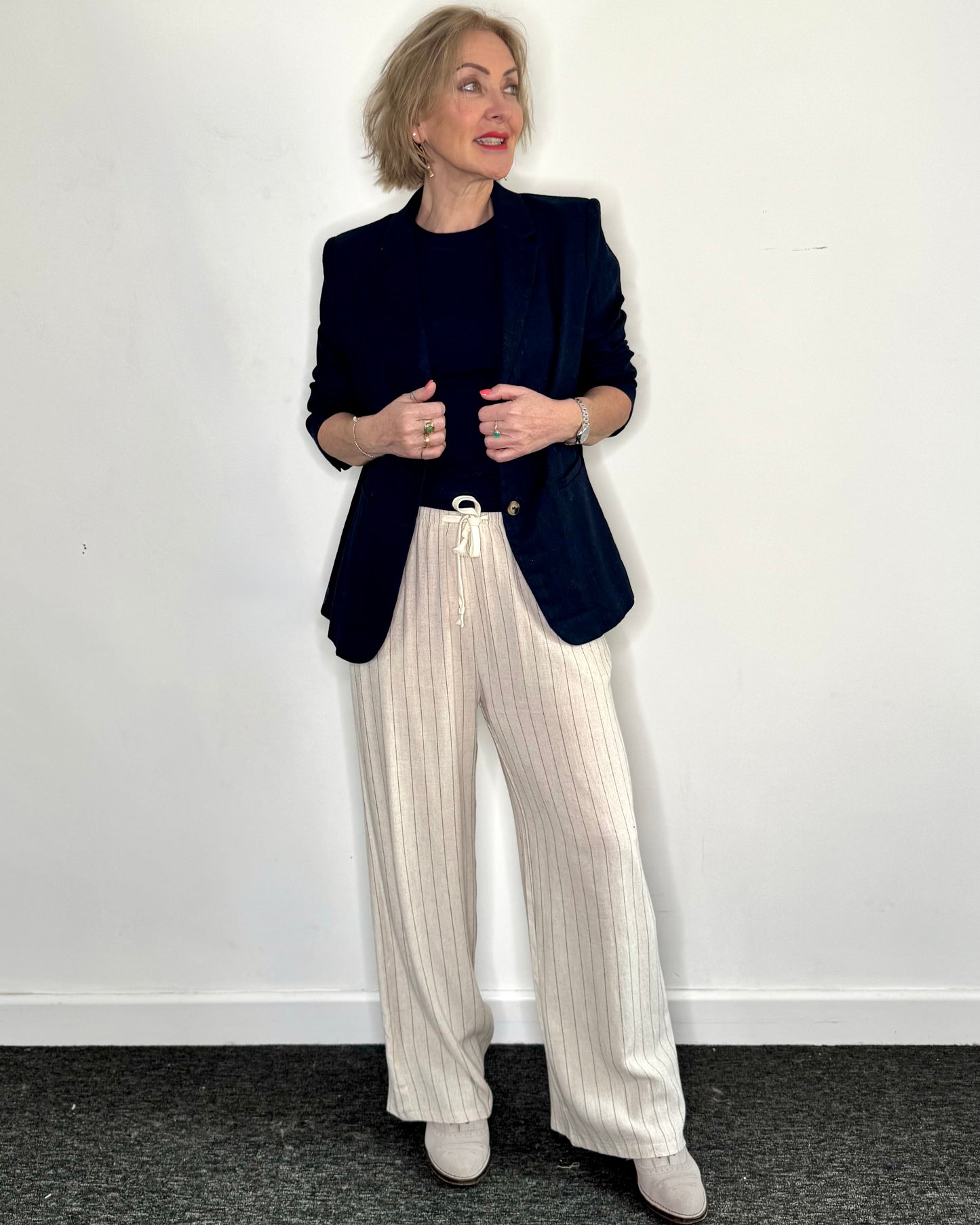 The Lola Pinstripe Linen Trousers in Ecru