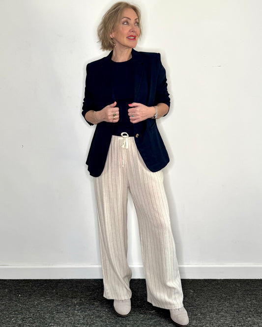 The Lola Pinstripe Linen Trousers in Ecru