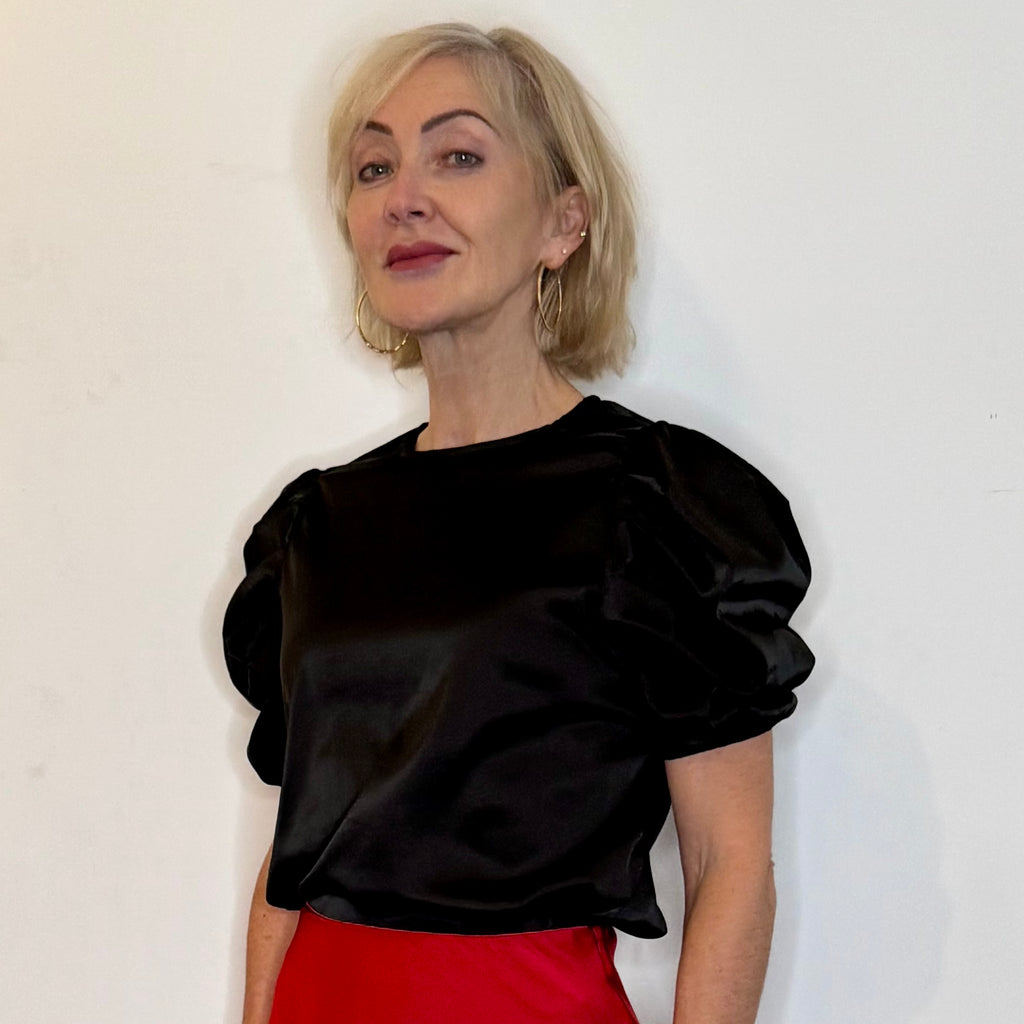 satin top with short ruched sleeve