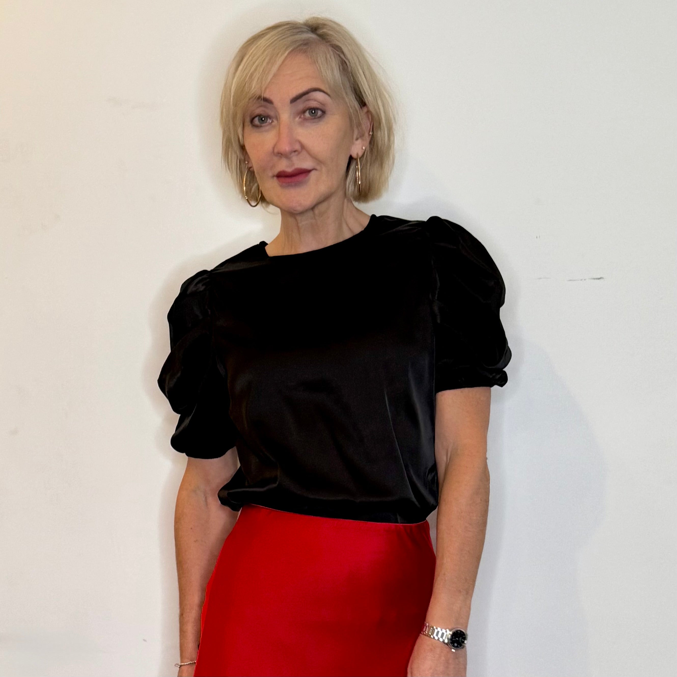 satin top with short ruched sleeve