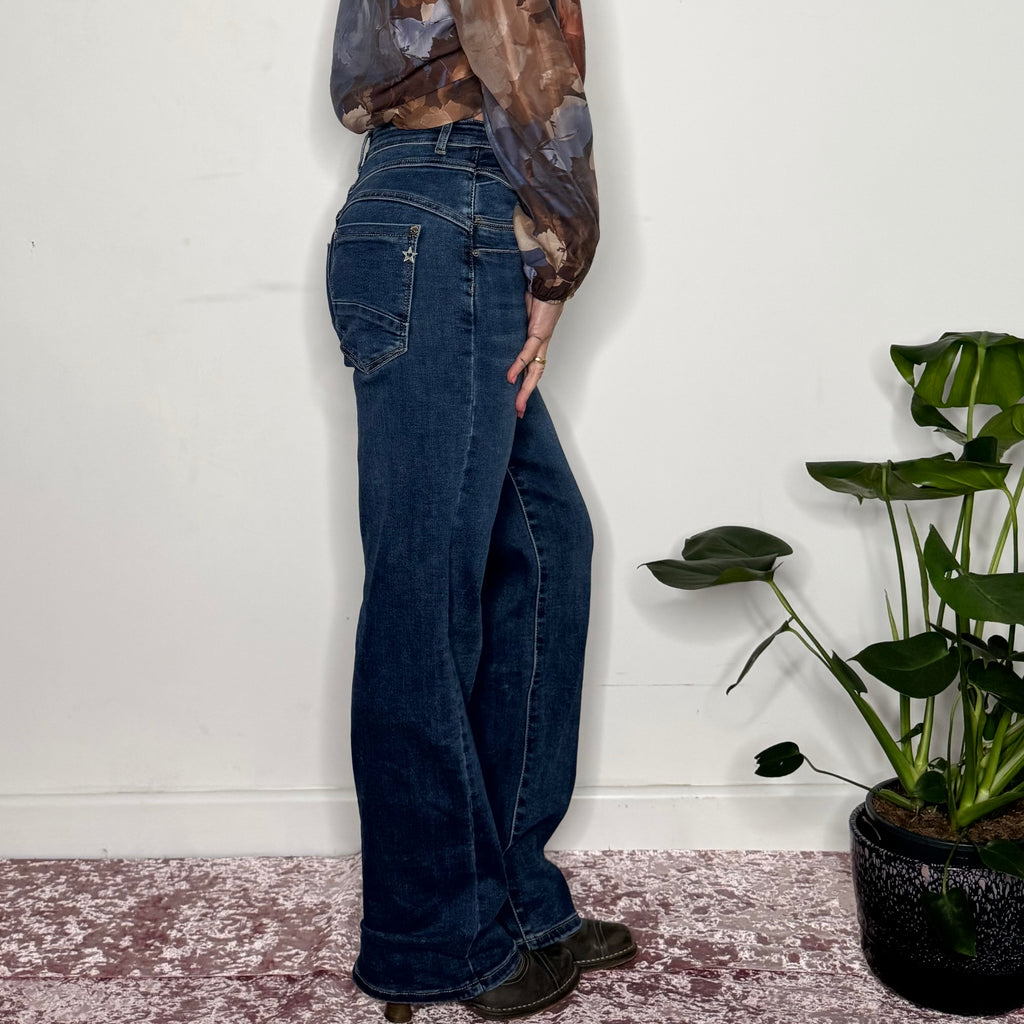 blue denim straight leg jeans