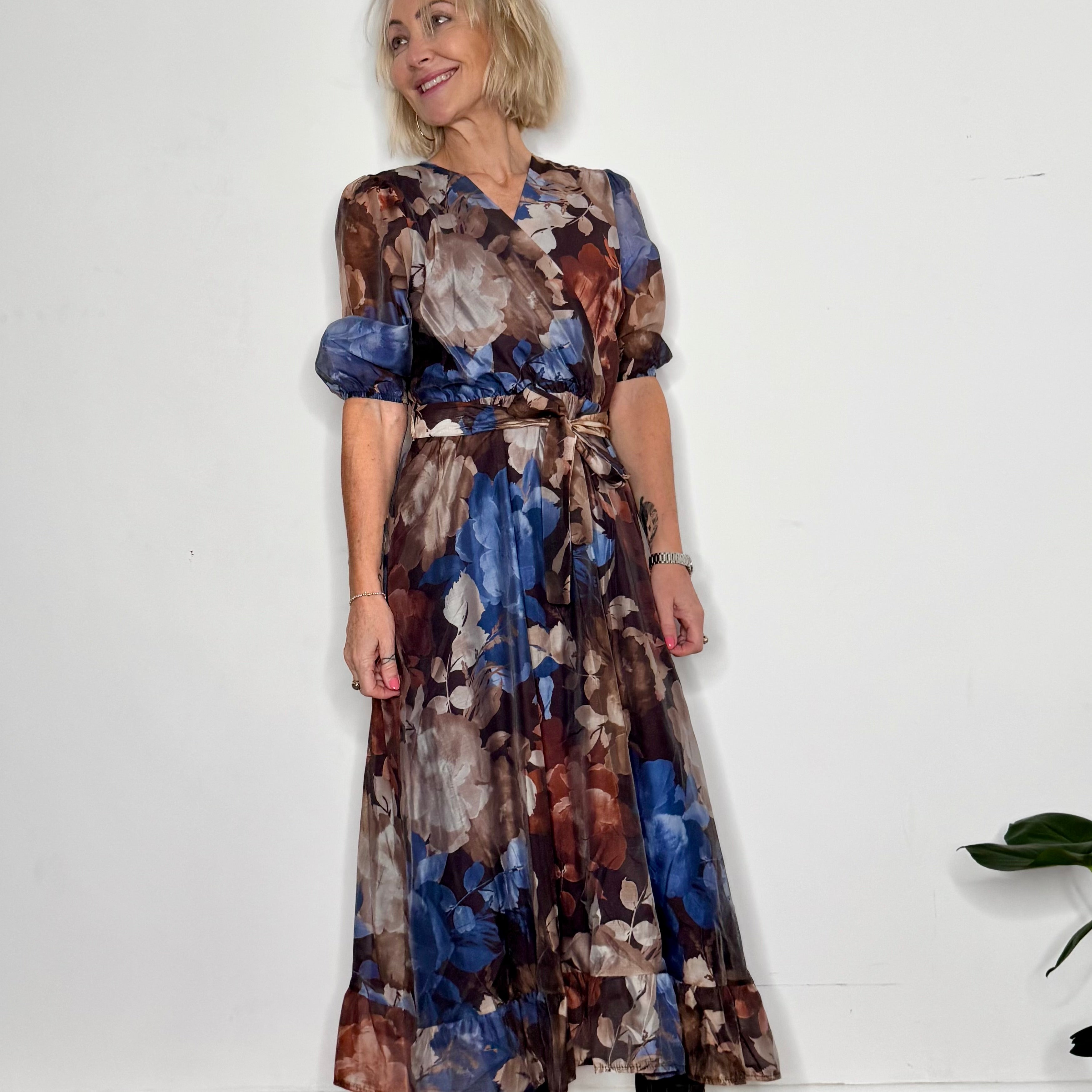 3/4 sleeve v front floral dress