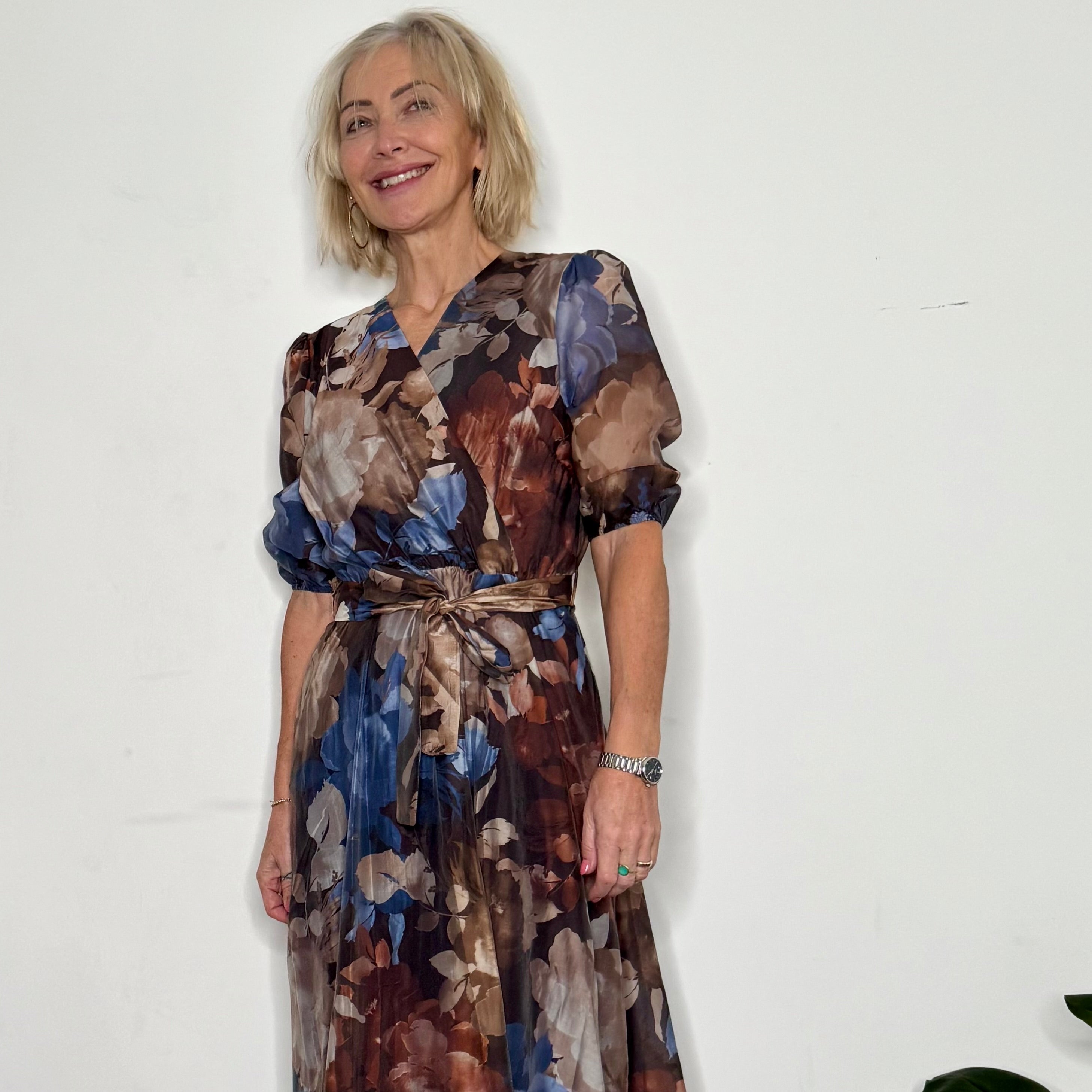 3/4 sleeve v front floral dress