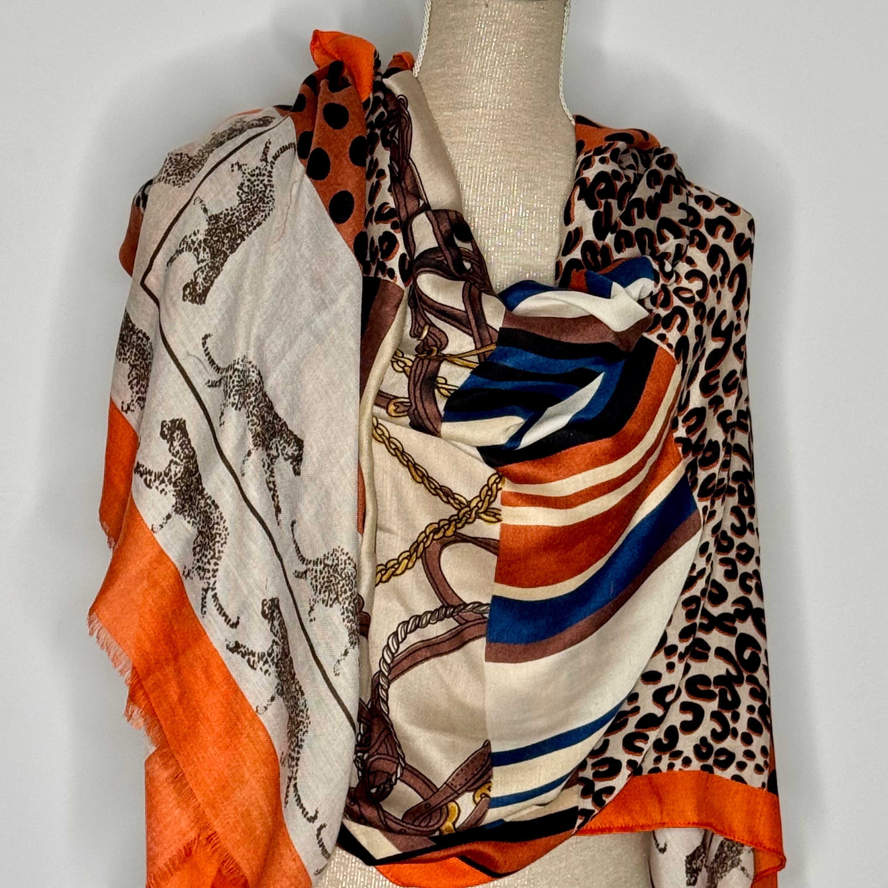 Blue and orange patterned scarf