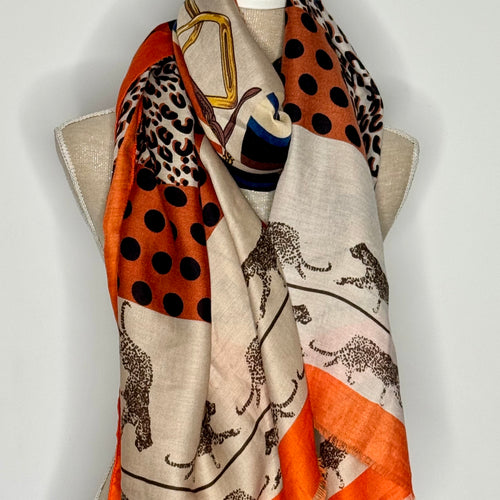 Blue and orange patterned scarf