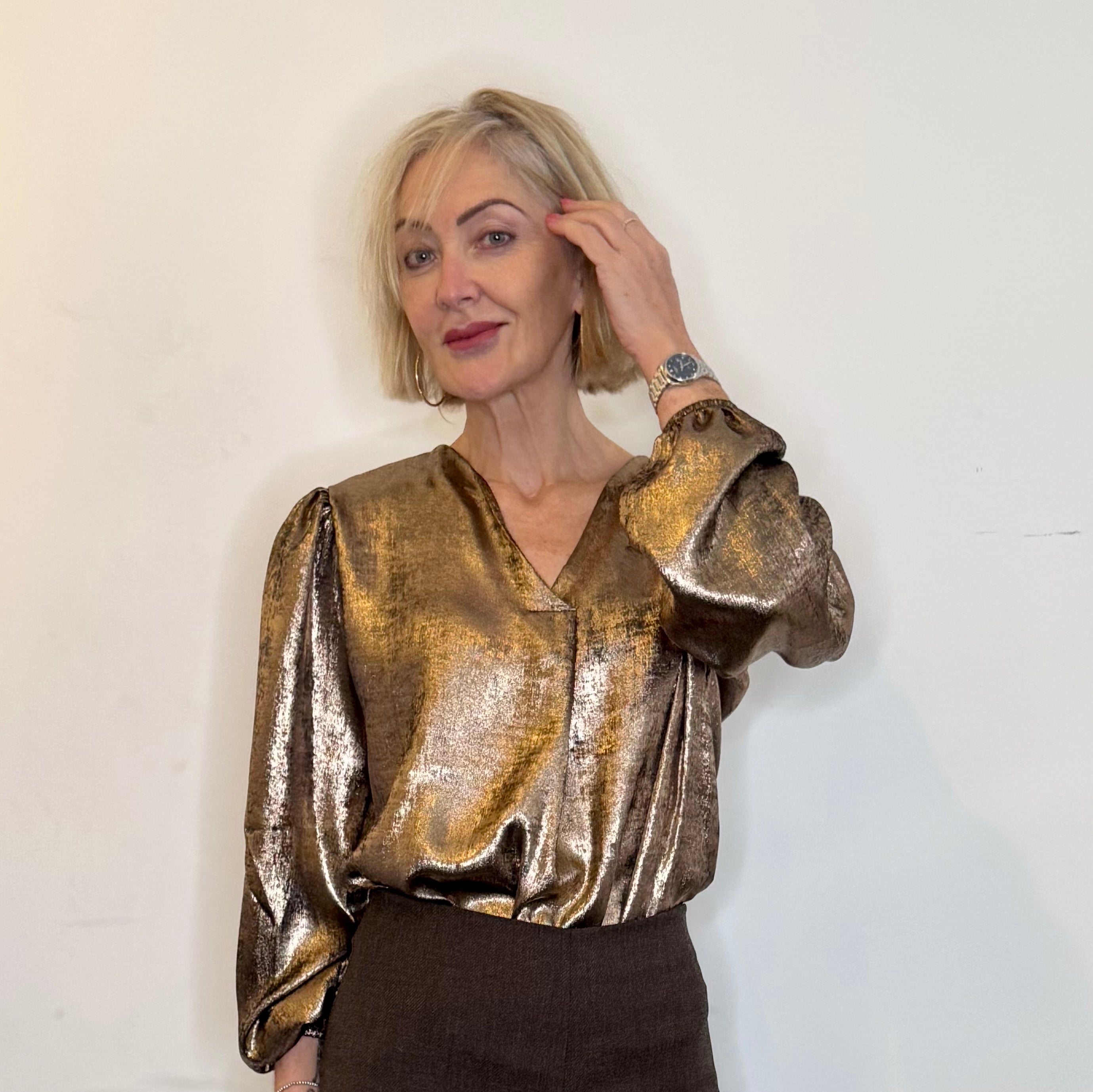 metallic  v neck blouse