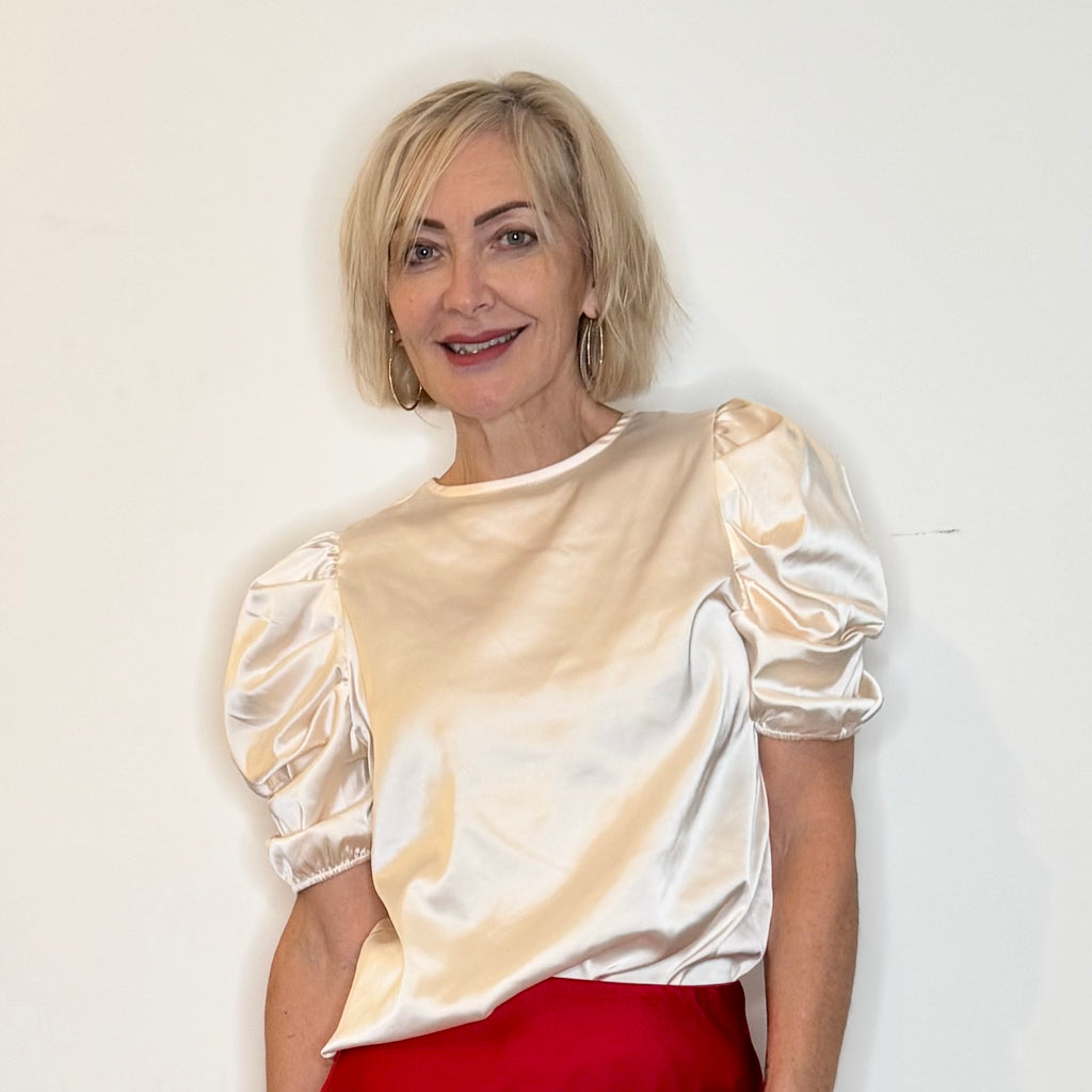 satin top with short ruched sleeve