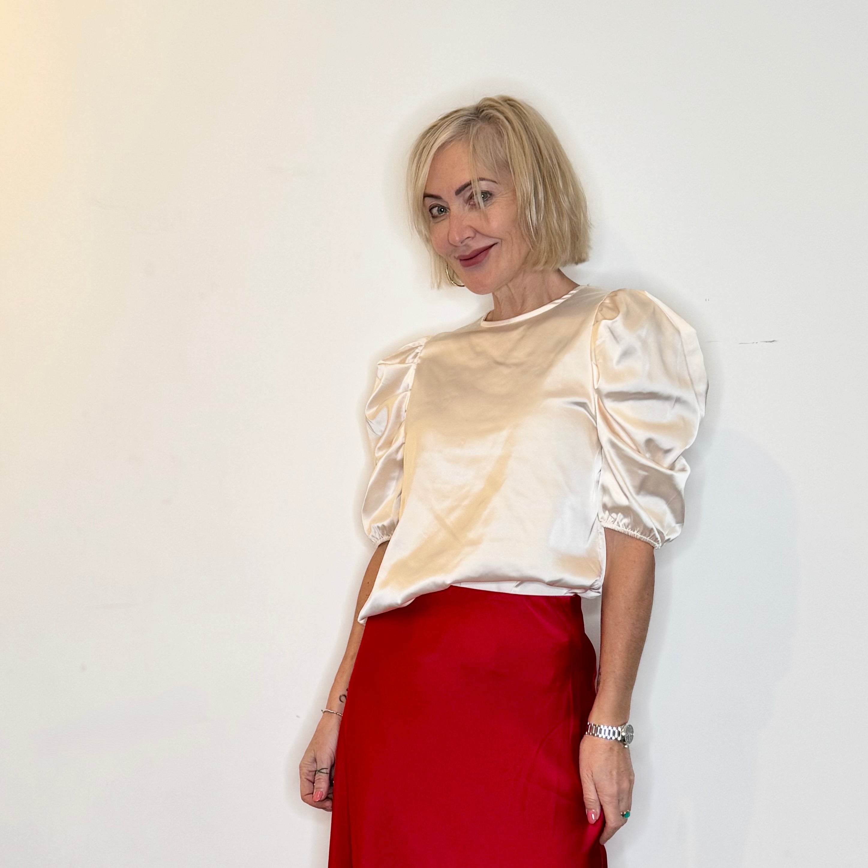 satin top with short ruched sleeve