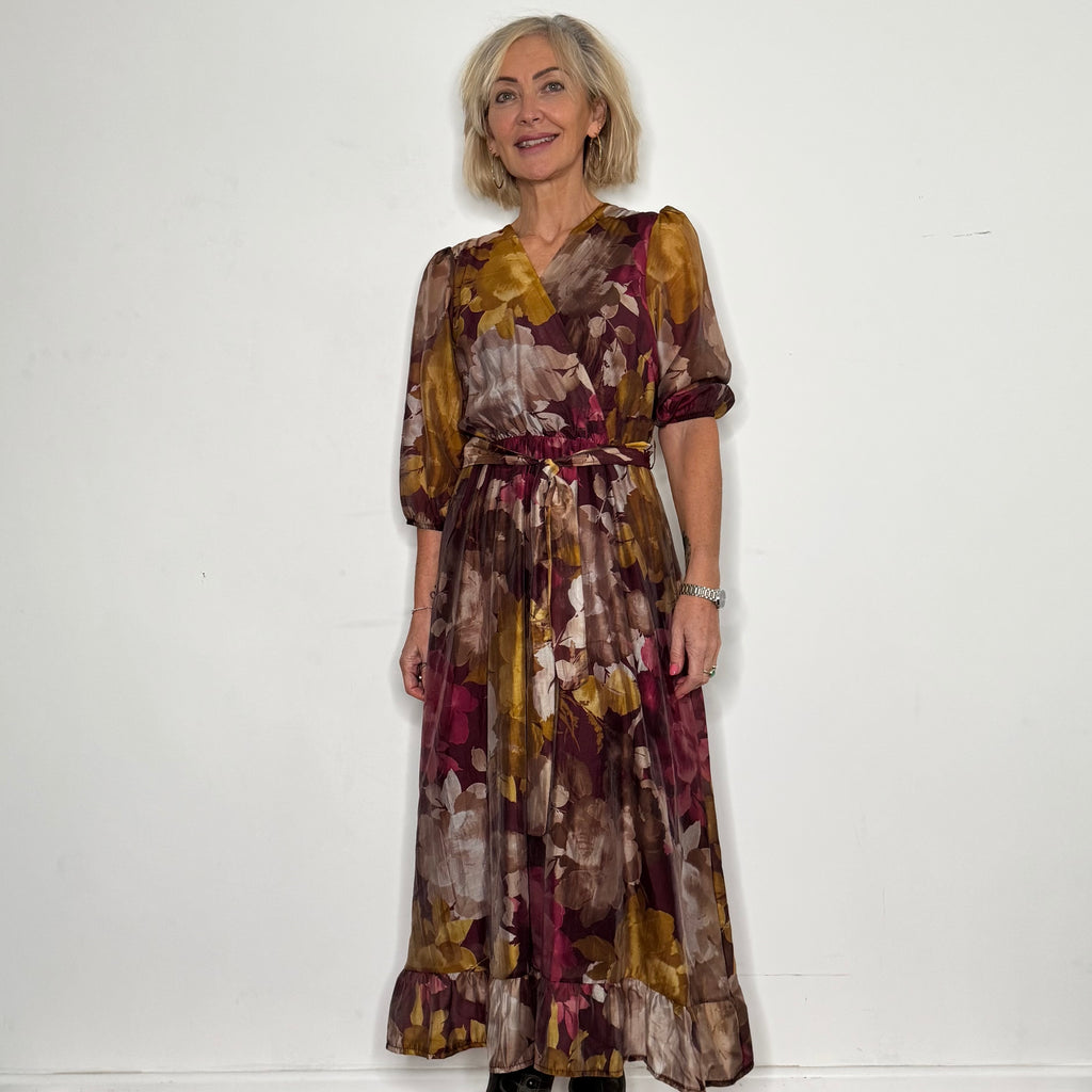 3/4 sleeve v front floral dress