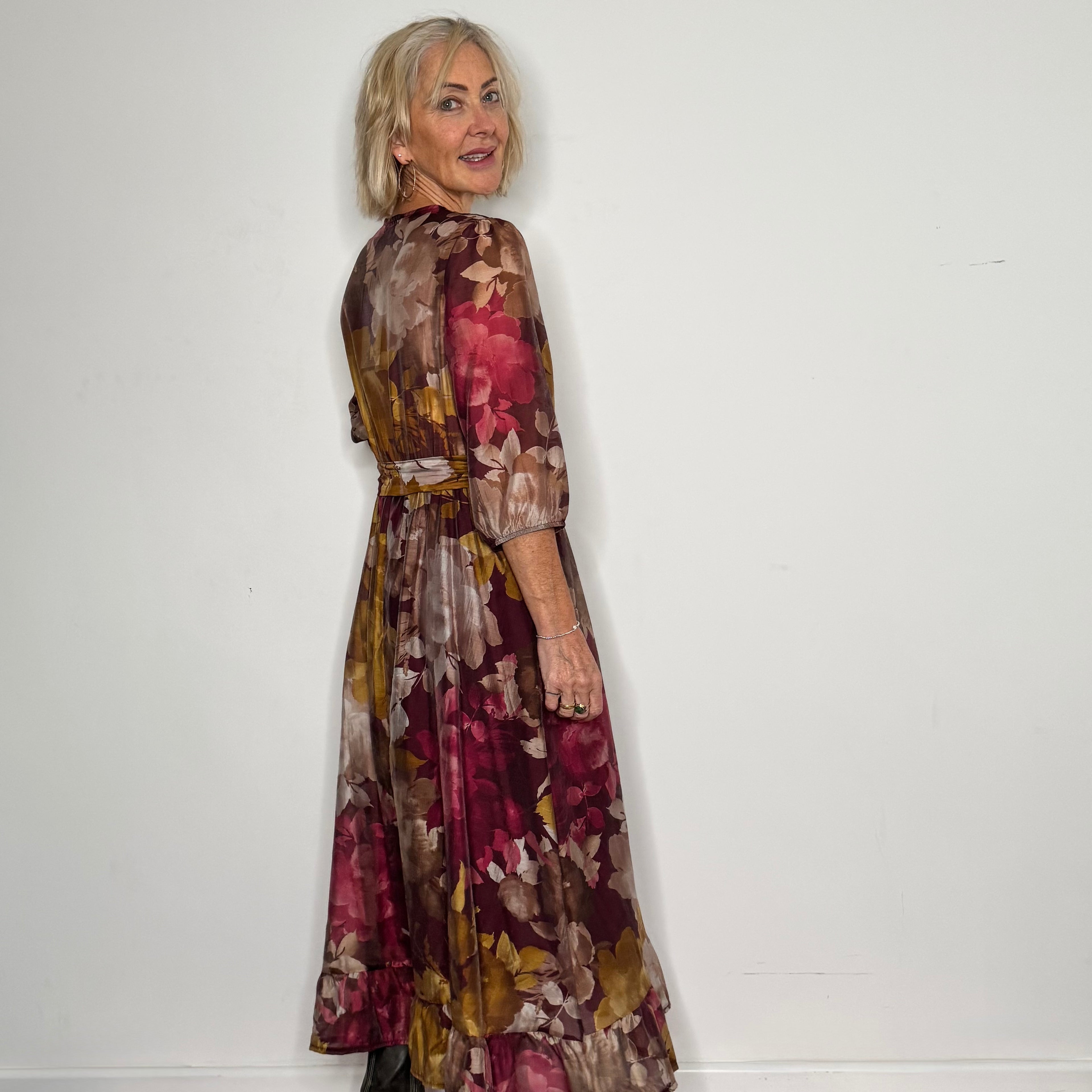 3/4 sleeve v front floral dress