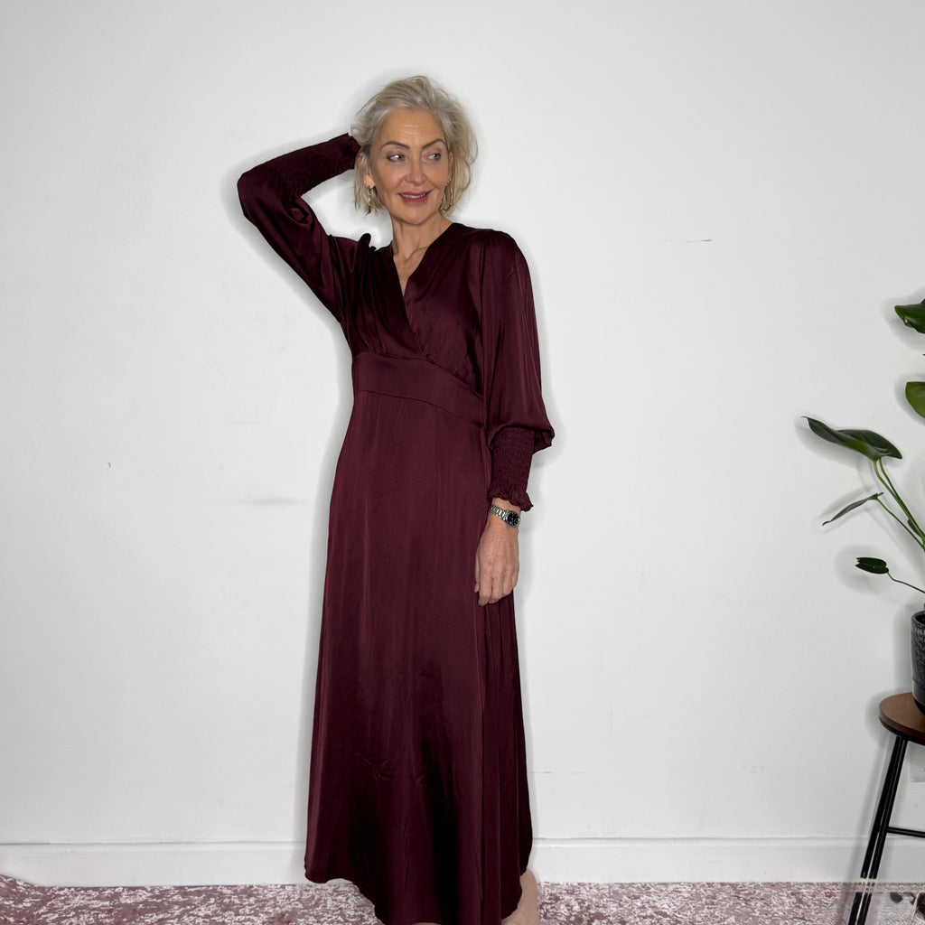 A-line, satin, v neck dress