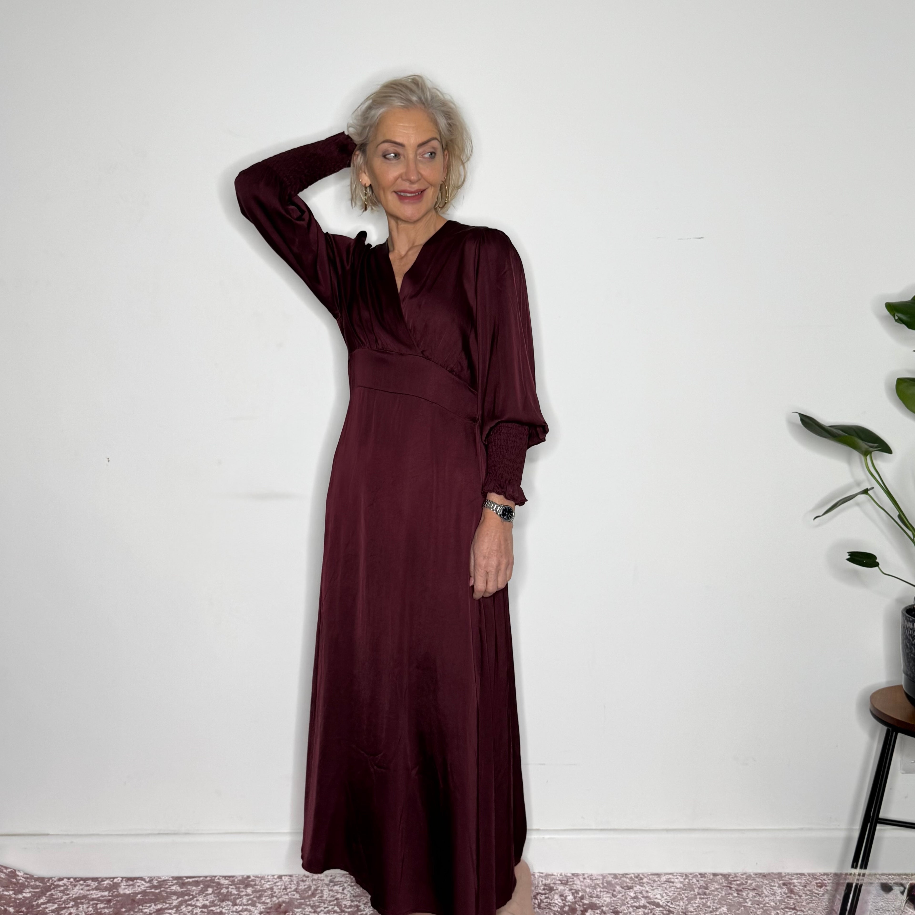 A-line, satin, v neck dress