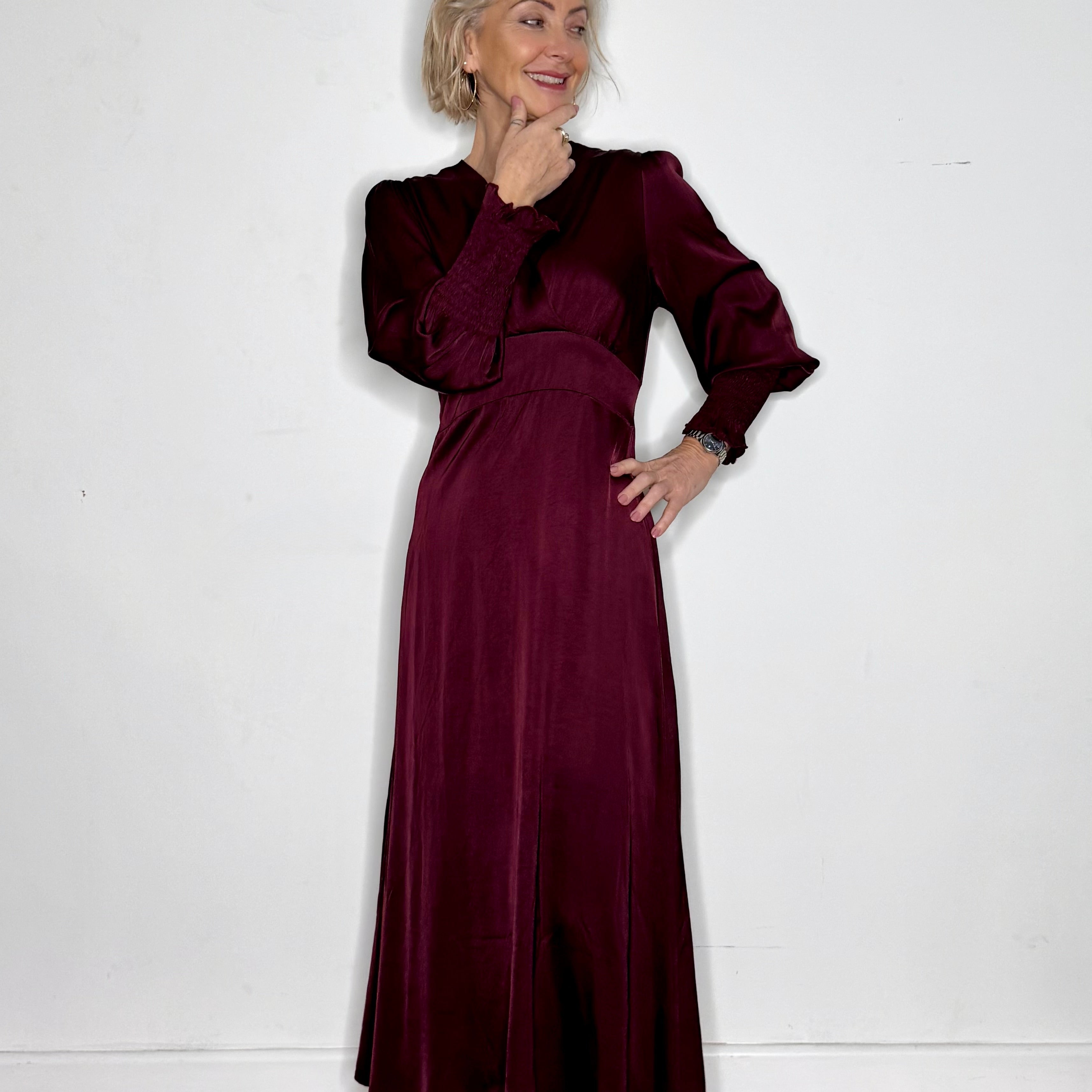 A-line, satin, v neck dress