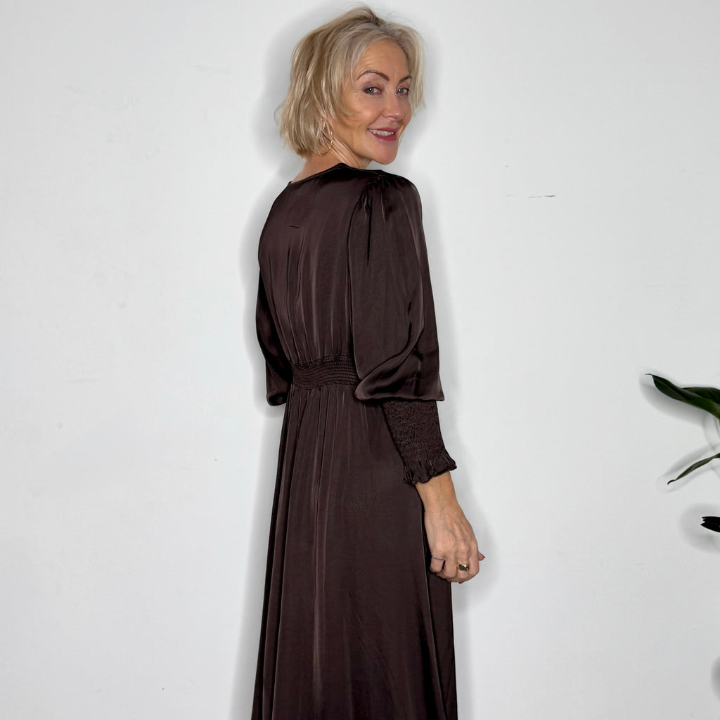 A-line, satin, v neck dress