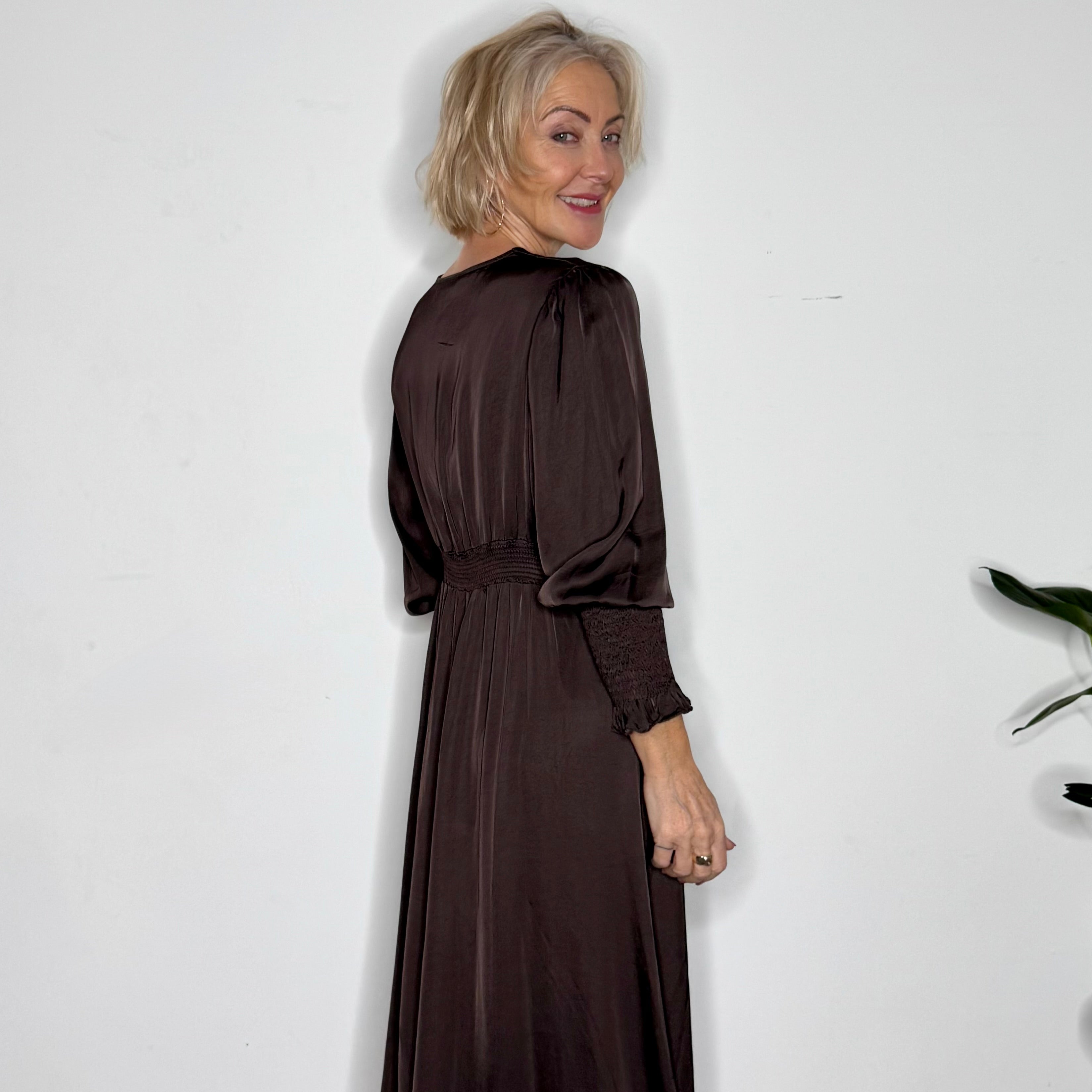 A-line, satin, v neck dress