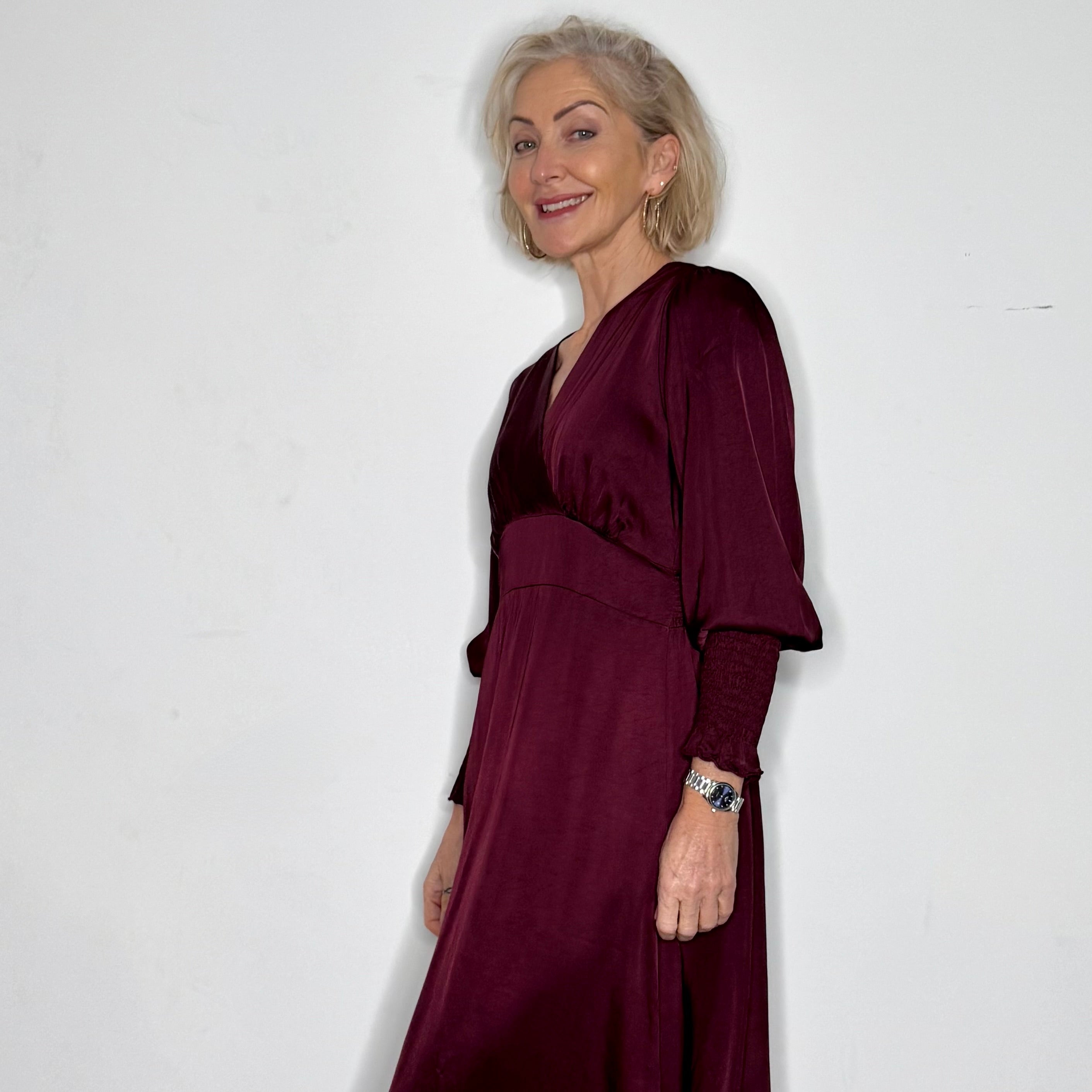 A-line, satin, v neck dress