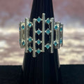 silver open bars ring with turquoise crystals