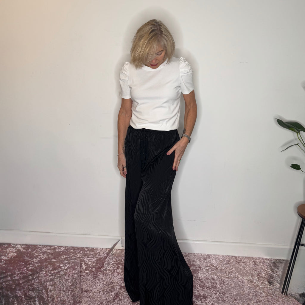 black wide leg self-patterned trousers