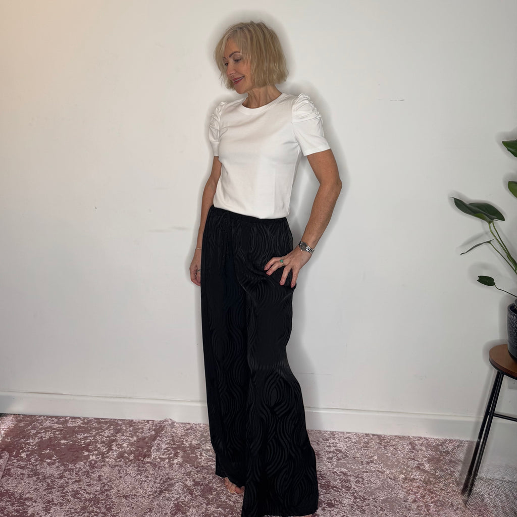 black wide leg self-patterned trousers
